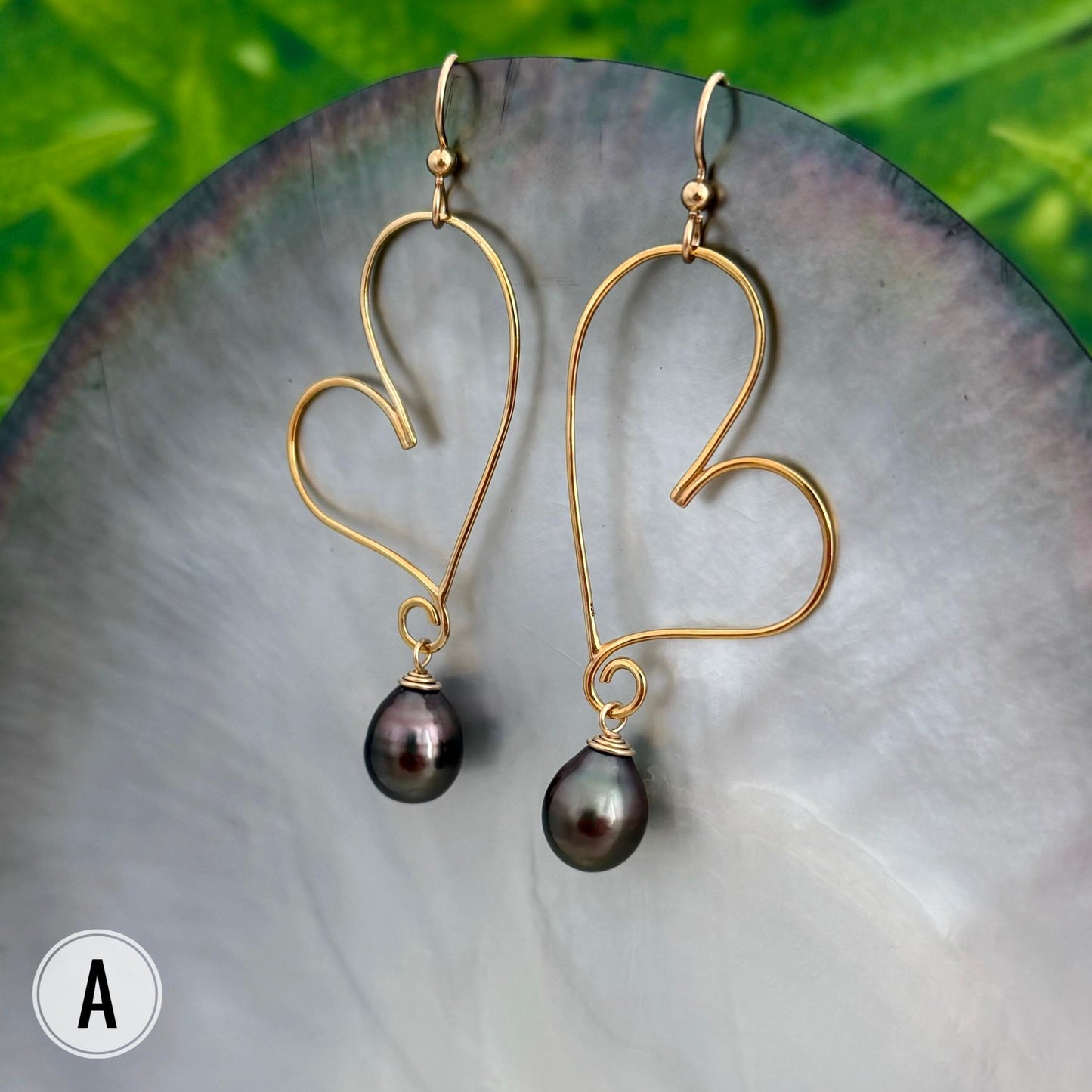 Tahitian Pearl Heart Earrings: 14k Gold Vermeil Dangle Earrings