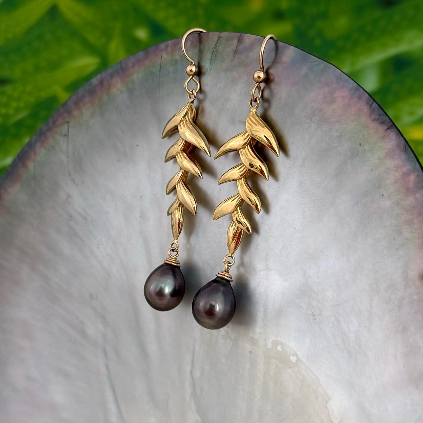 Tahitian Pearl Dangle Earrings: Gold plated Heliconia Leaf Drop Jewelry