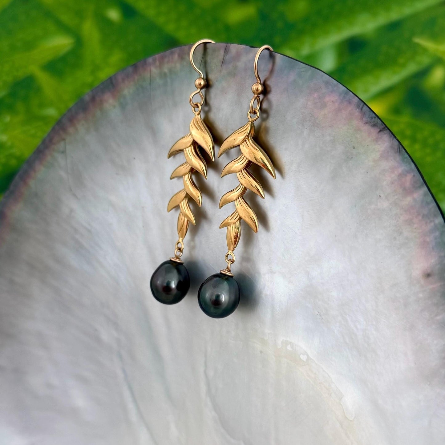 Tahitian Pearl Dangle Earrings: Gold plated Heliconia Leaf Drop Jewelry