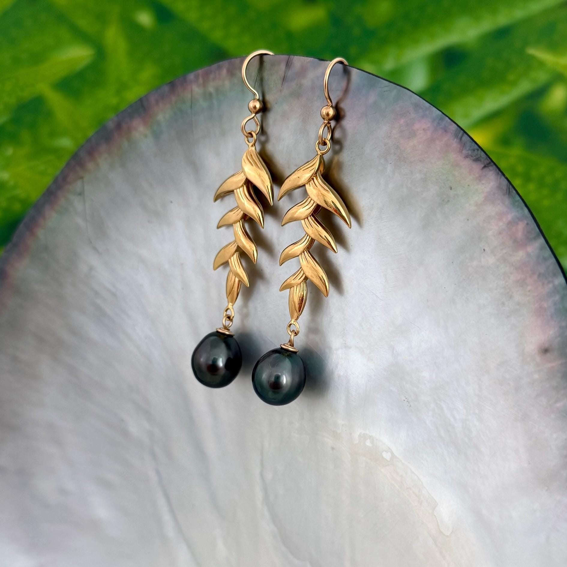 Tahitian Pearl Dangle Earrings: Gold plated Heliconia Leaf Drop Jewelry