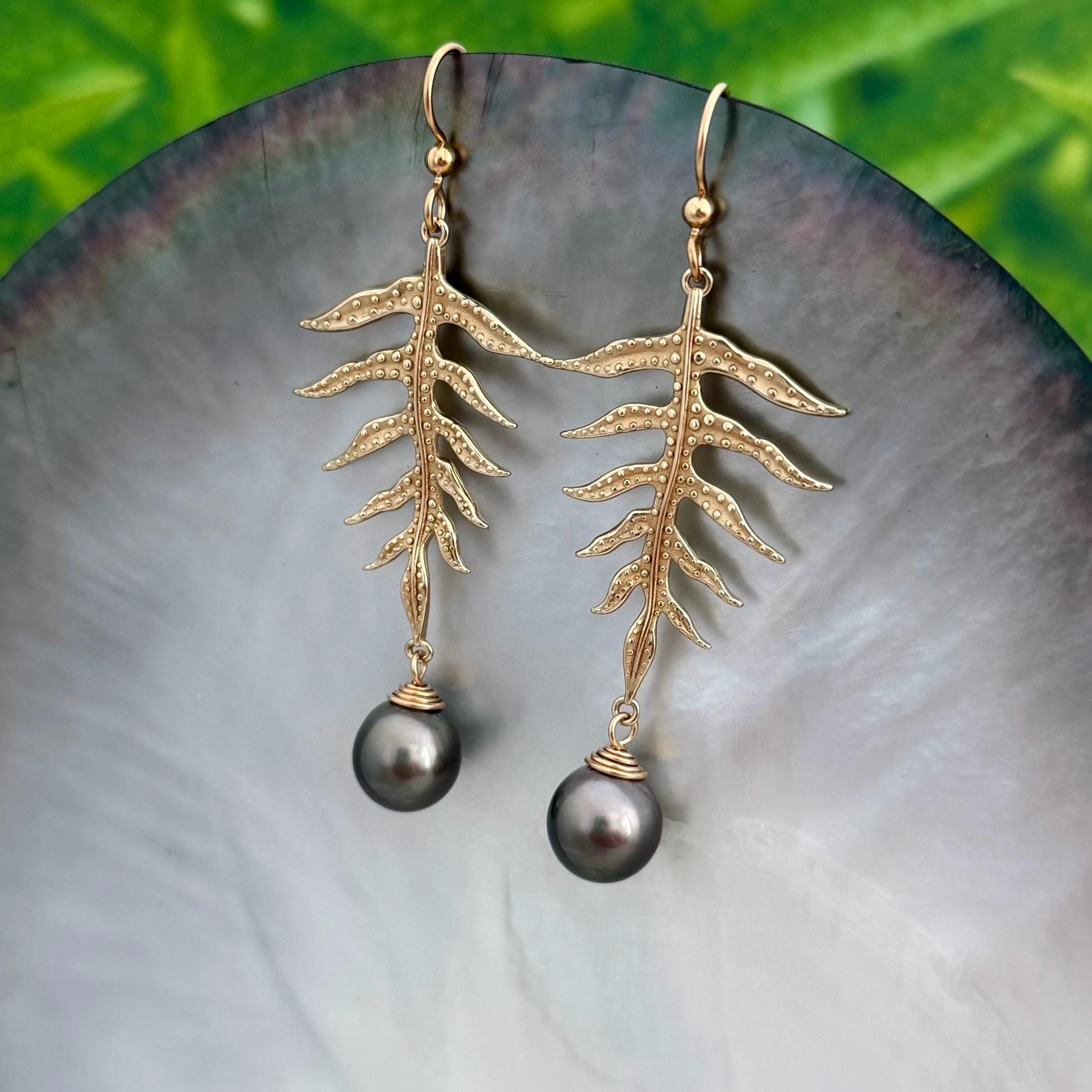 Laua’e Dangle Earrings • Tahitian black pearl jewelry