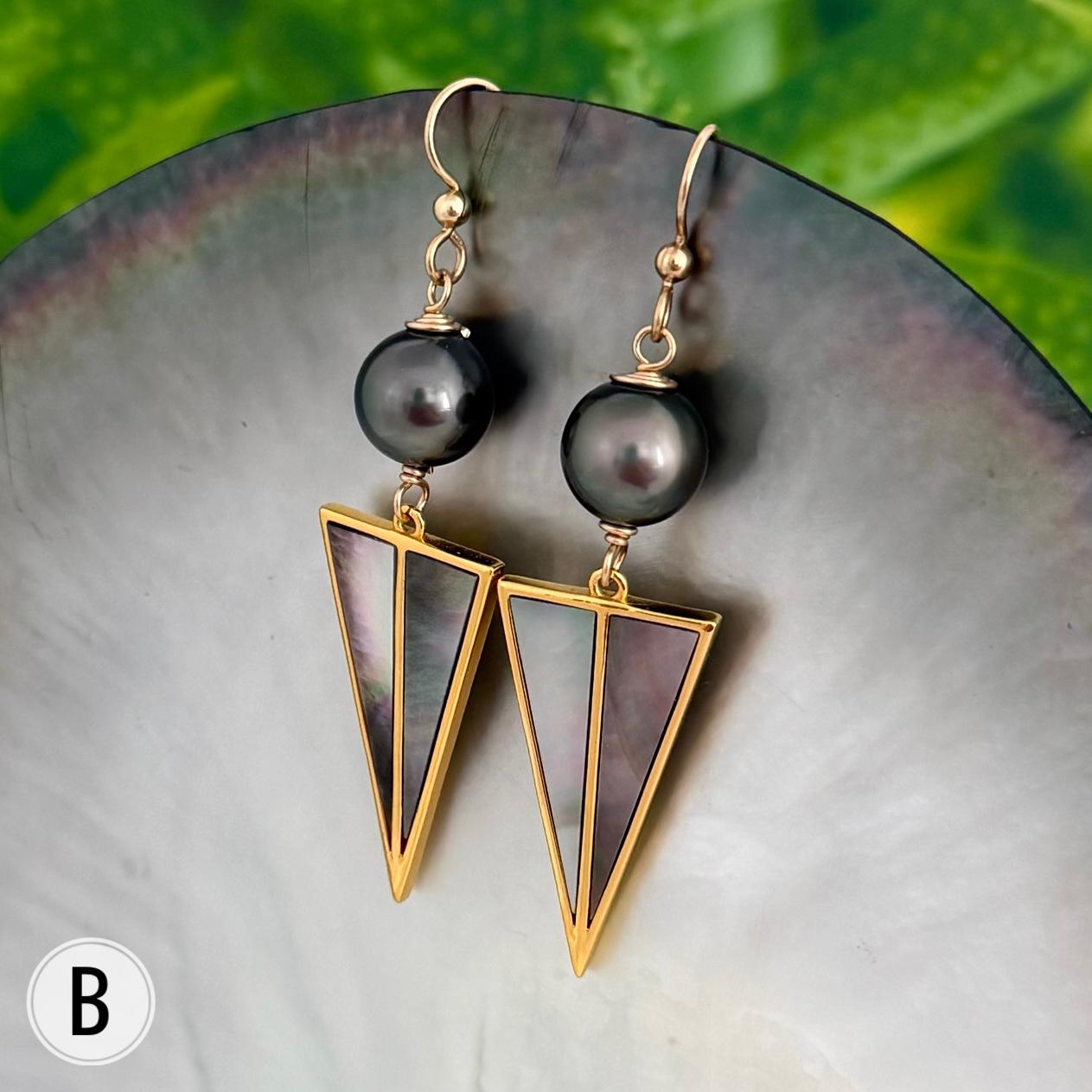 Tahitian pearl dangle earrings • Mother of pearl and Gold Inlay