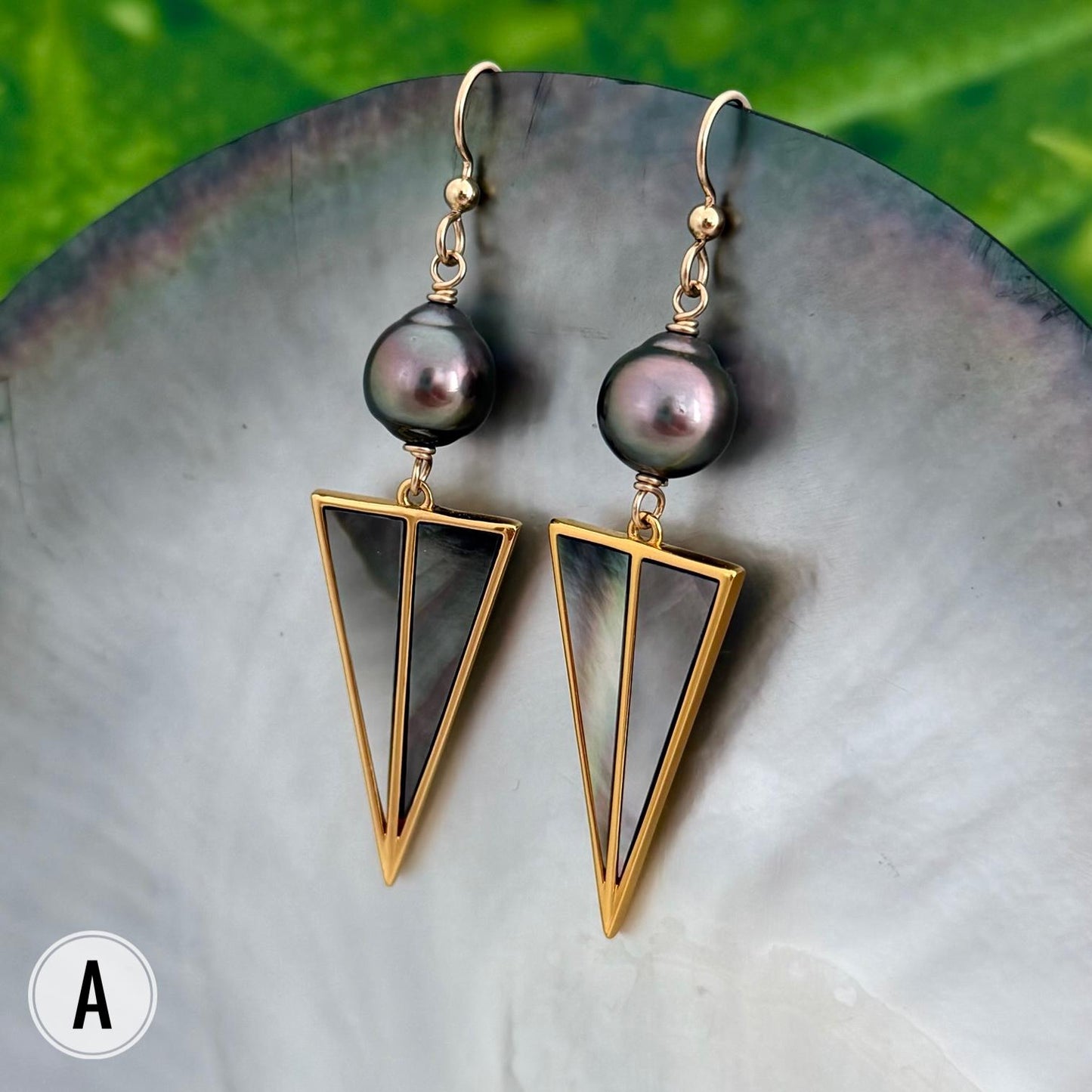 Tahitian pearl dangle earrings • Mother of pearl and Gold Inlay