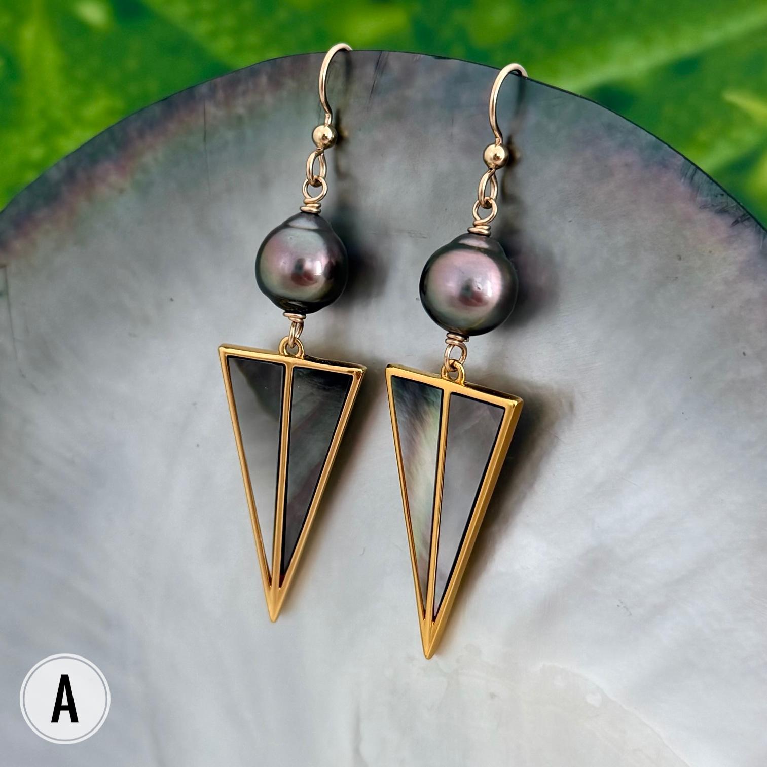 Tahitian pearl dangle earrings • Mother of pearl and Gold Inlay
