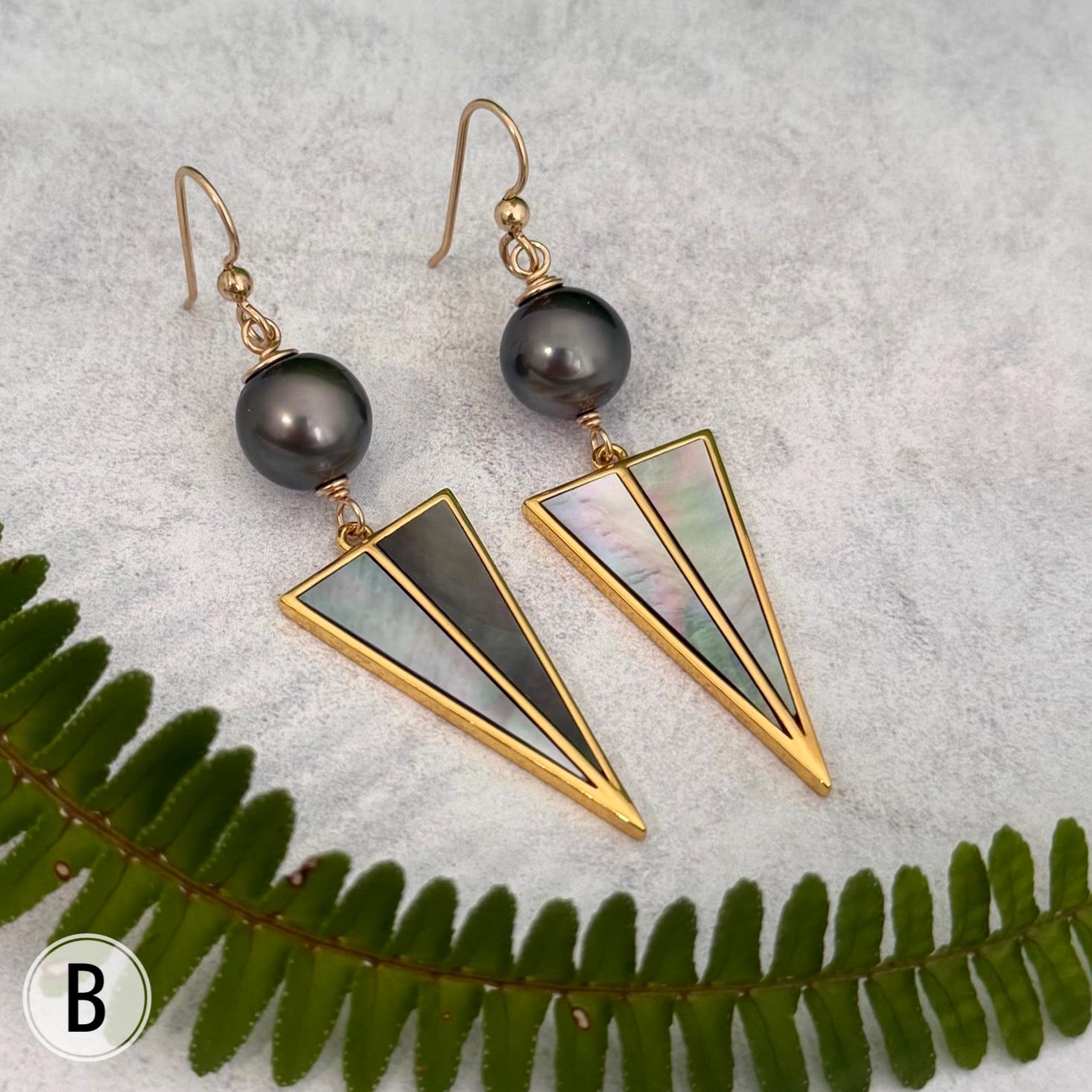 Tahitian pearl dangle earrings • Mother of pearl and Gold Inlay