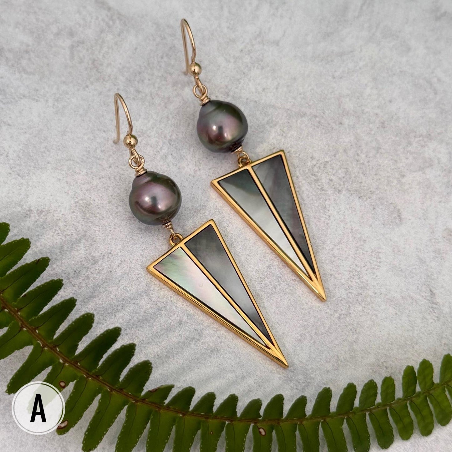 Tahitian pearl dangle earrings • Mother of pearl and Gold Inlay