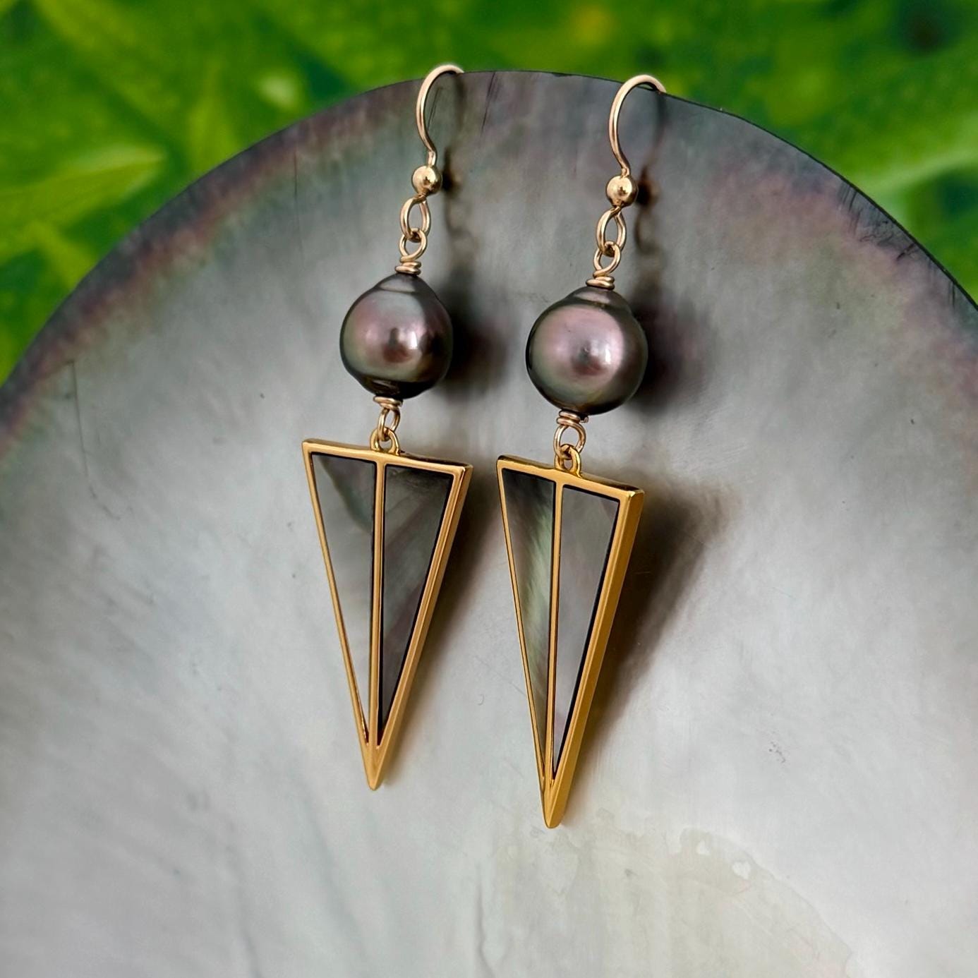 Tahitian pearl dangle earrings with mother ofnpearl and gold inlay