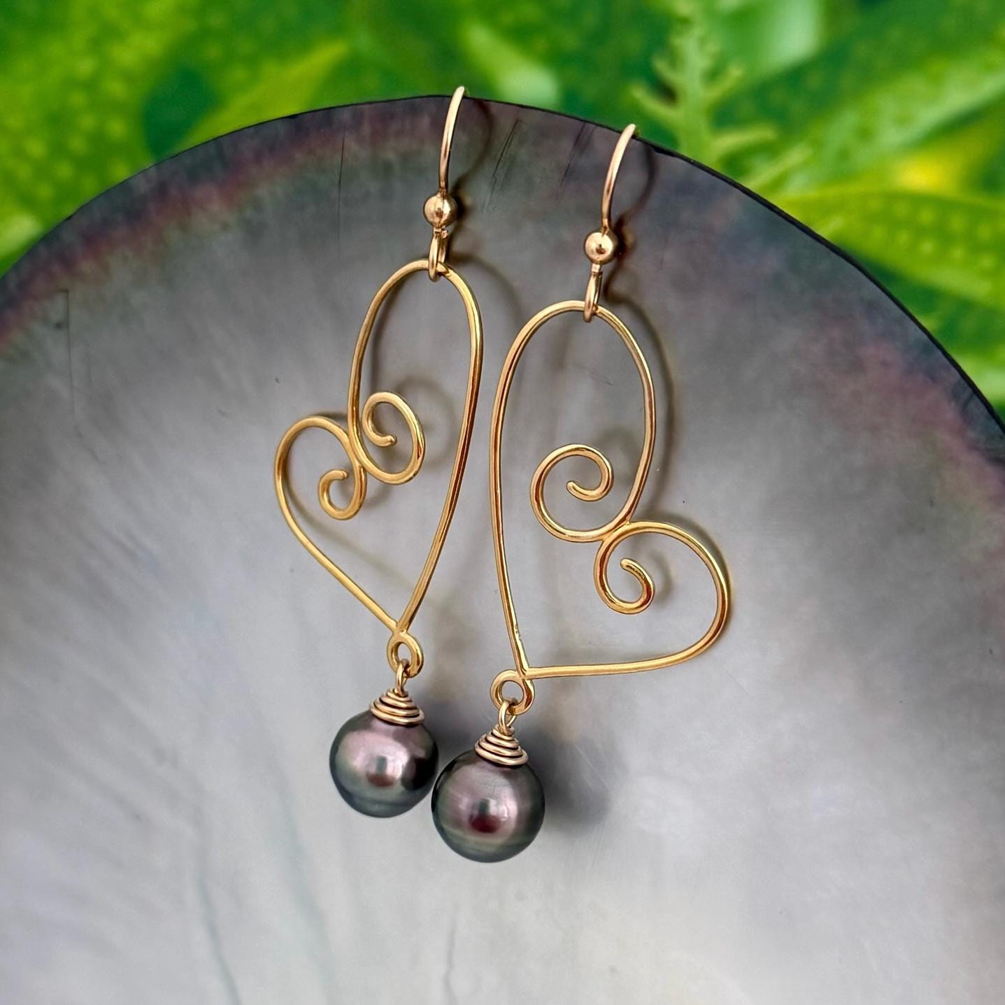 Tahitian Pearl Dangle Earrings • Gold heart jewelry