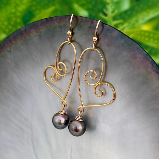 Tahitian Pearl Dangle Earrings • Gold heart jewelry