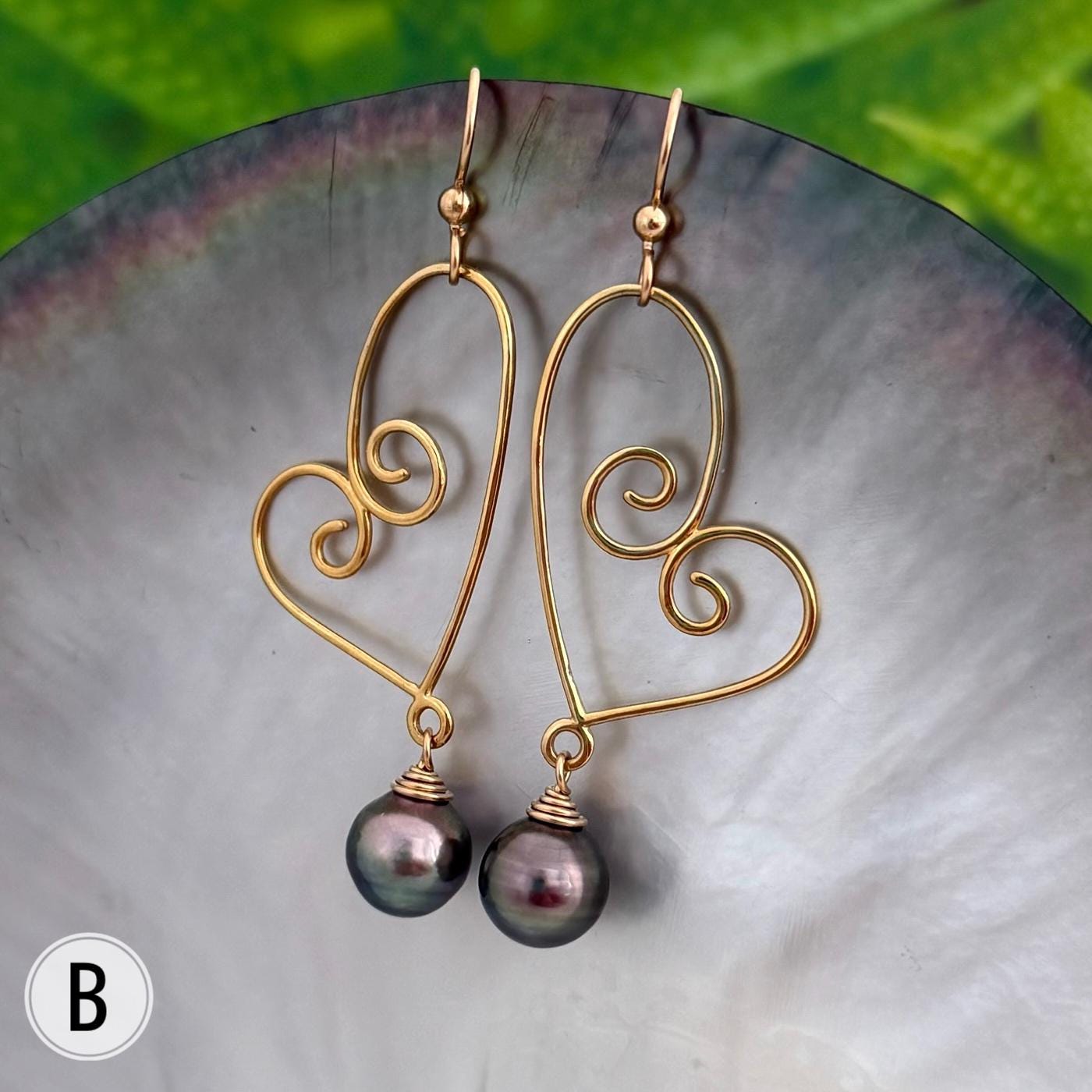 Tahitian Pearl Dangle Earrings • Gold heart jewelry