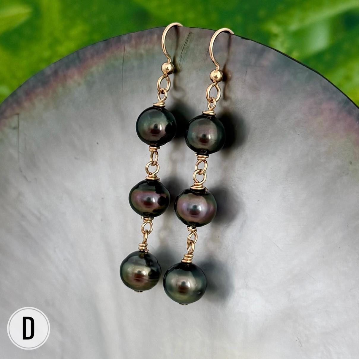 Tahitian Pearl Earrings • Triple Drop Dangle • Gold Filled Jewelry Handmade in Hawaii