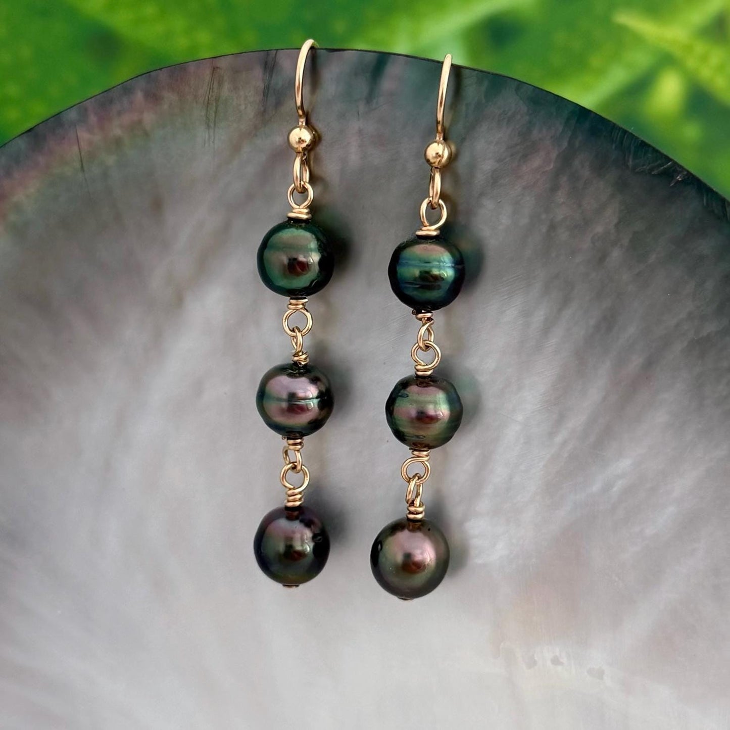 Tahitian Pearl Earrings • Triple Drop Dangle • Gold Filled Jewelry Handmade in Hawaii