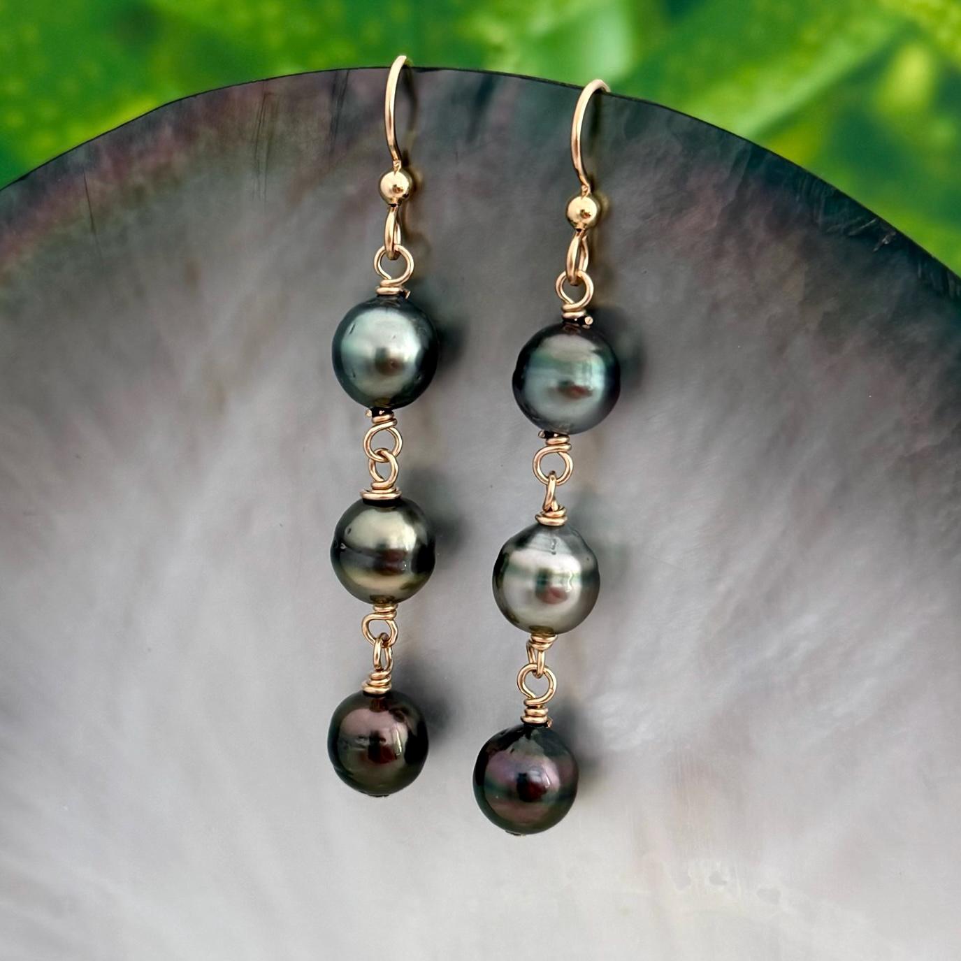 triple tahitian pearl dangle earrings in gold filled