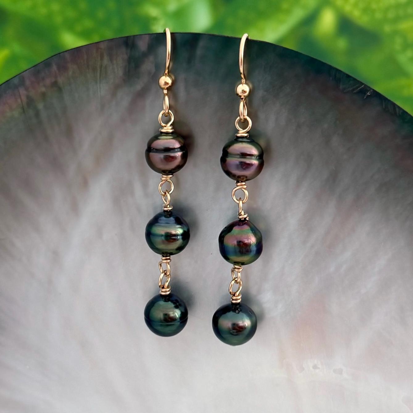 Tahitian Pearl Earrings • Triple Drop Dangle • Gold Filled Jewelry Handmade in Hawaii