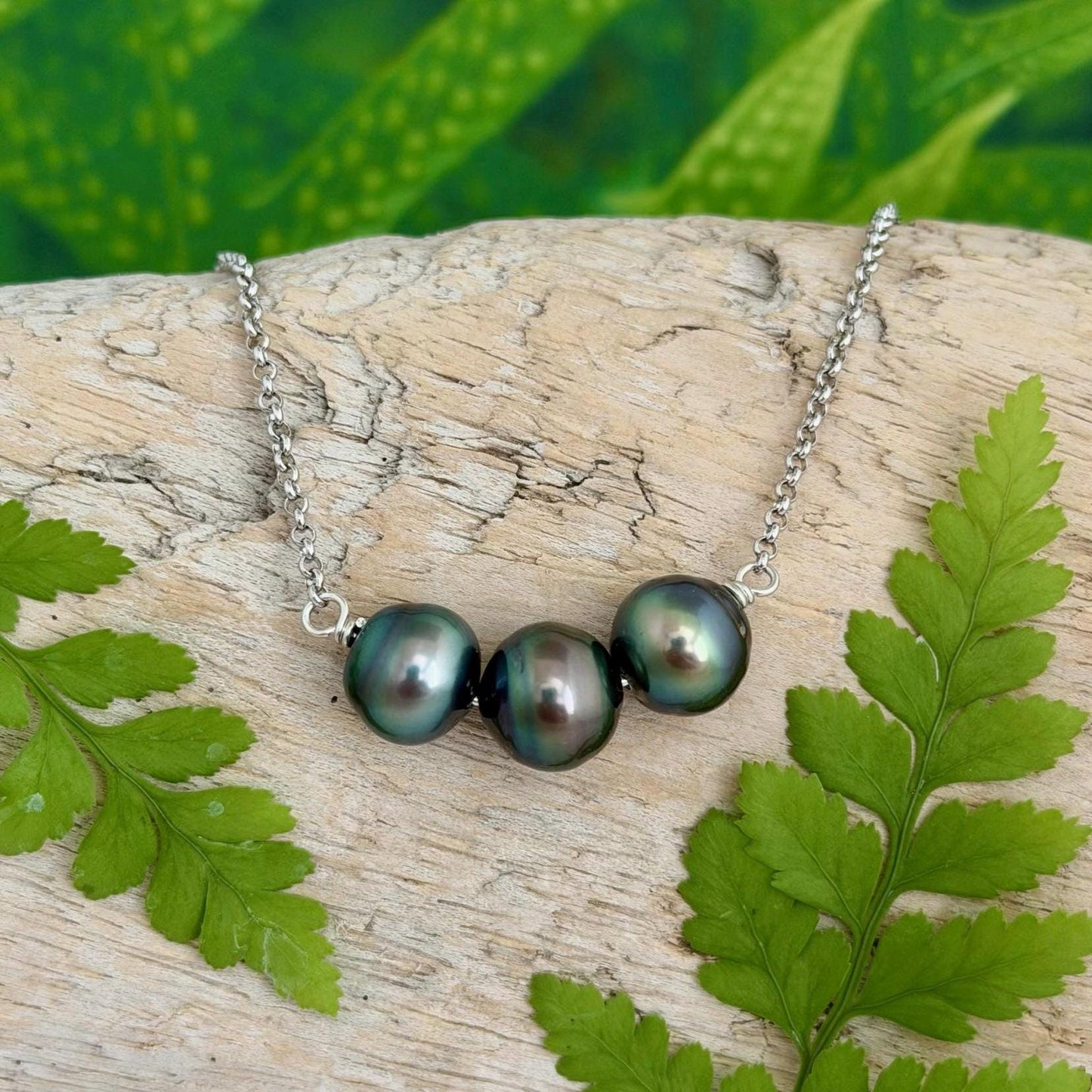 Tahitian Pearl Necklace – Triple Black Gems on Sterling Silver • Minimalist