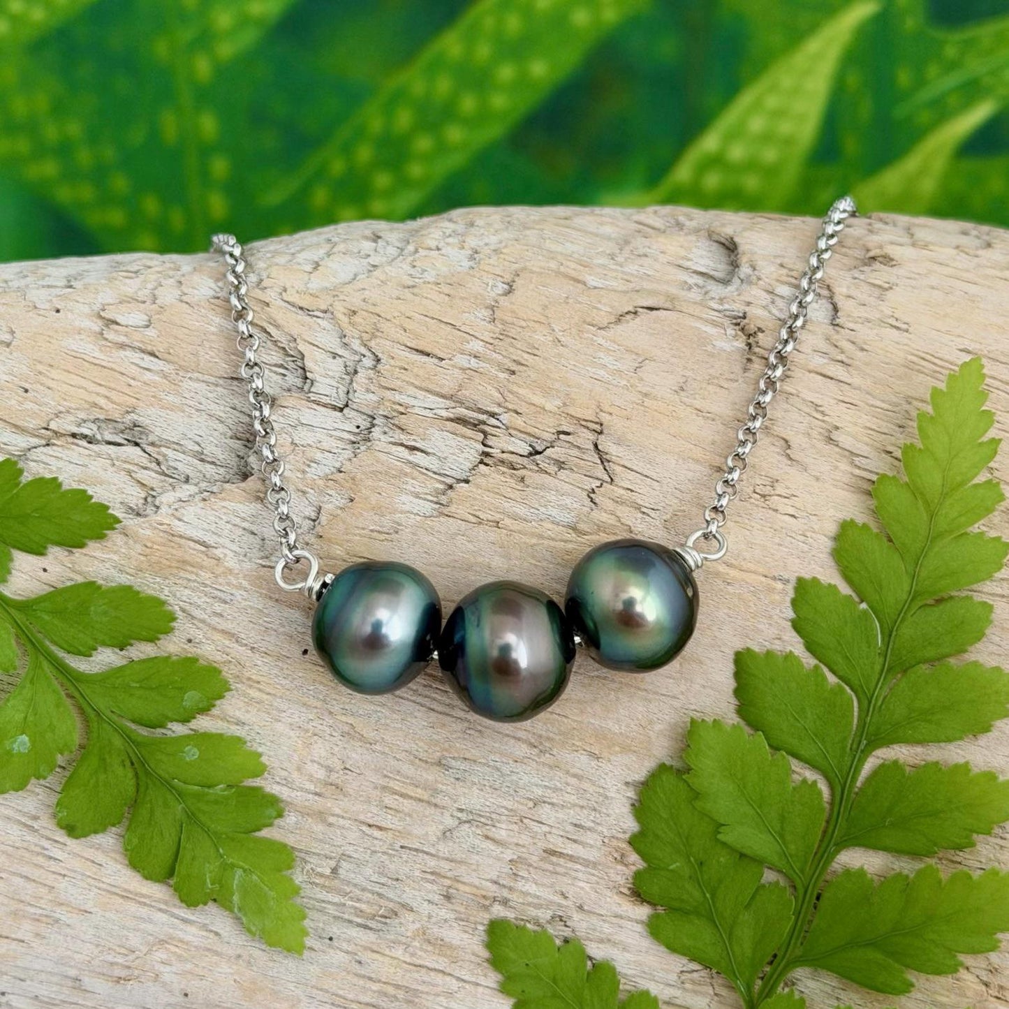 Tahitian Pearl Necklace – Triple Black Gems on Sterling Silver • Minimalist