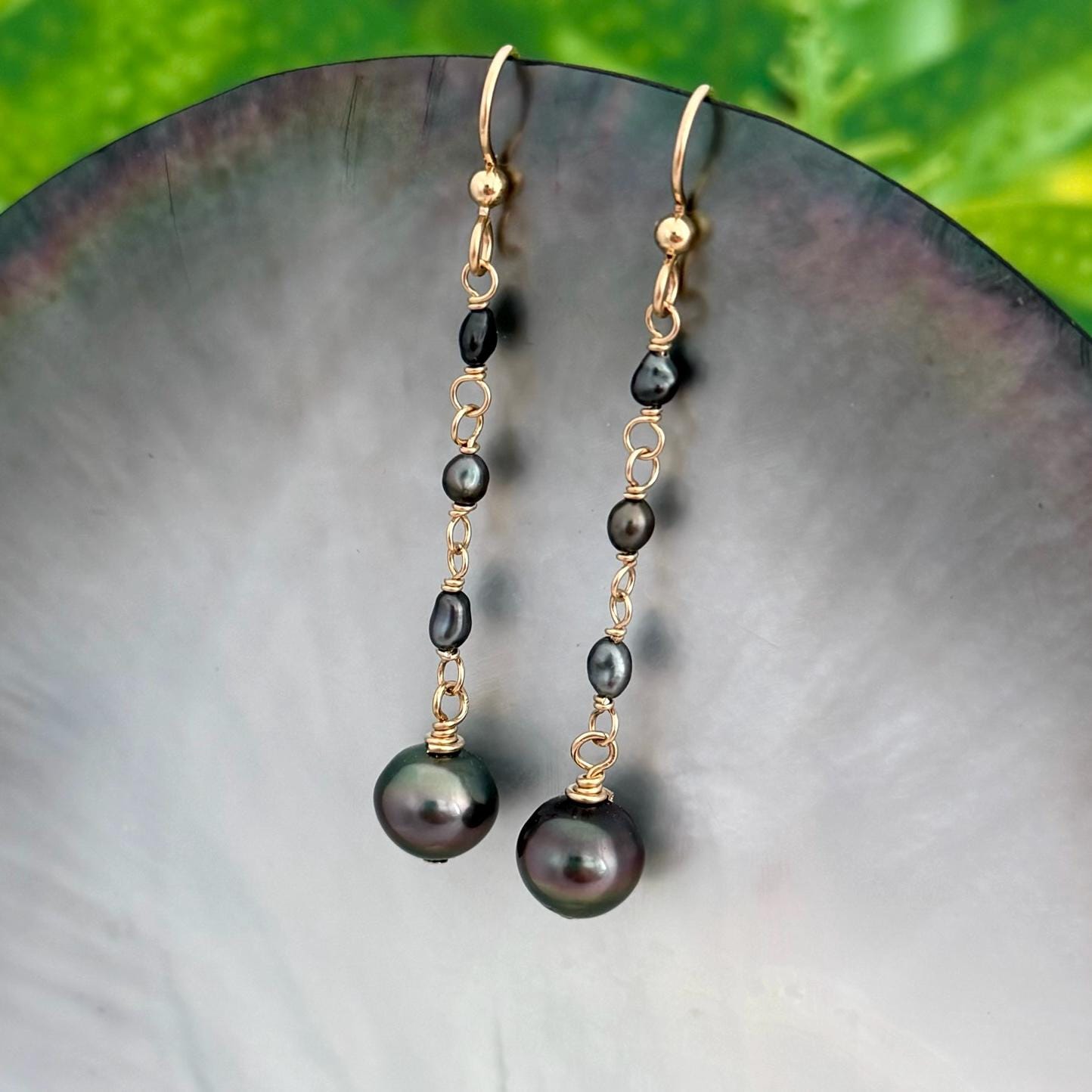 Tahitian keshi pearl earrings: Gold filled dangle earrings
