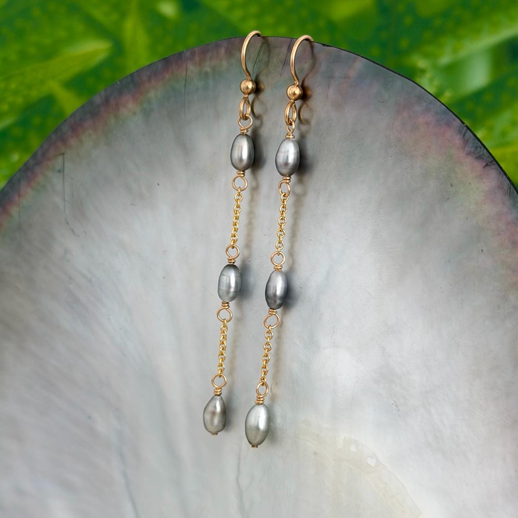 Tahitian Keshi Pearl Earrings • Dangle Gold filled chain