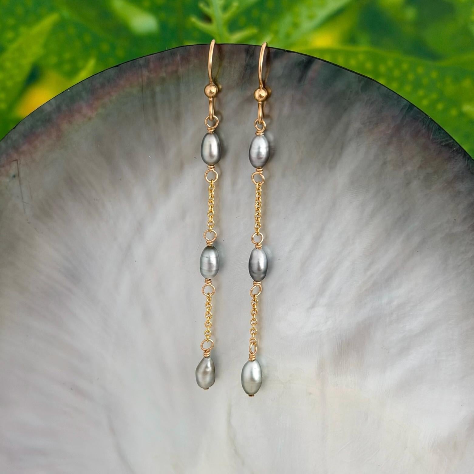 Tahitian Keshi Pearl Earrings • Dangle Gold filled chain
