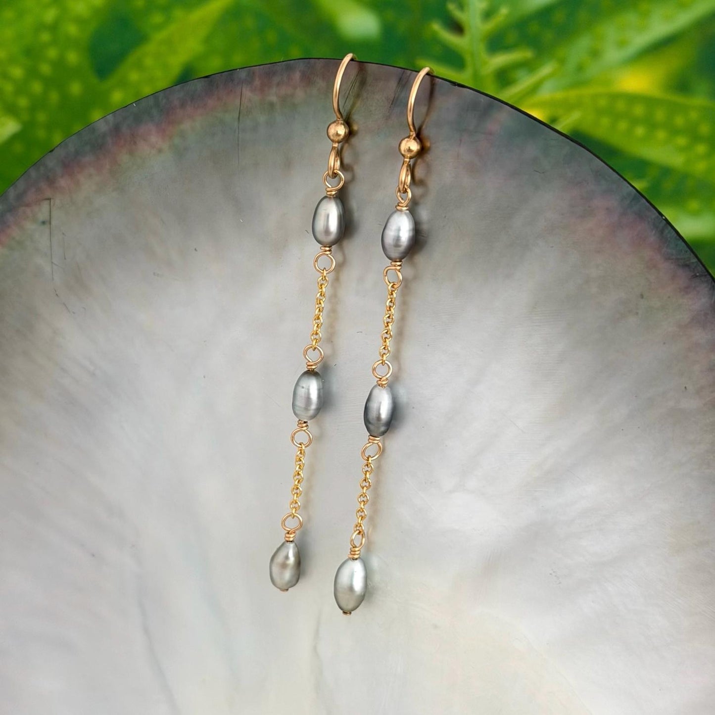 Tahitian Keshi Pearl Earrings • Dangle Gold filled chain