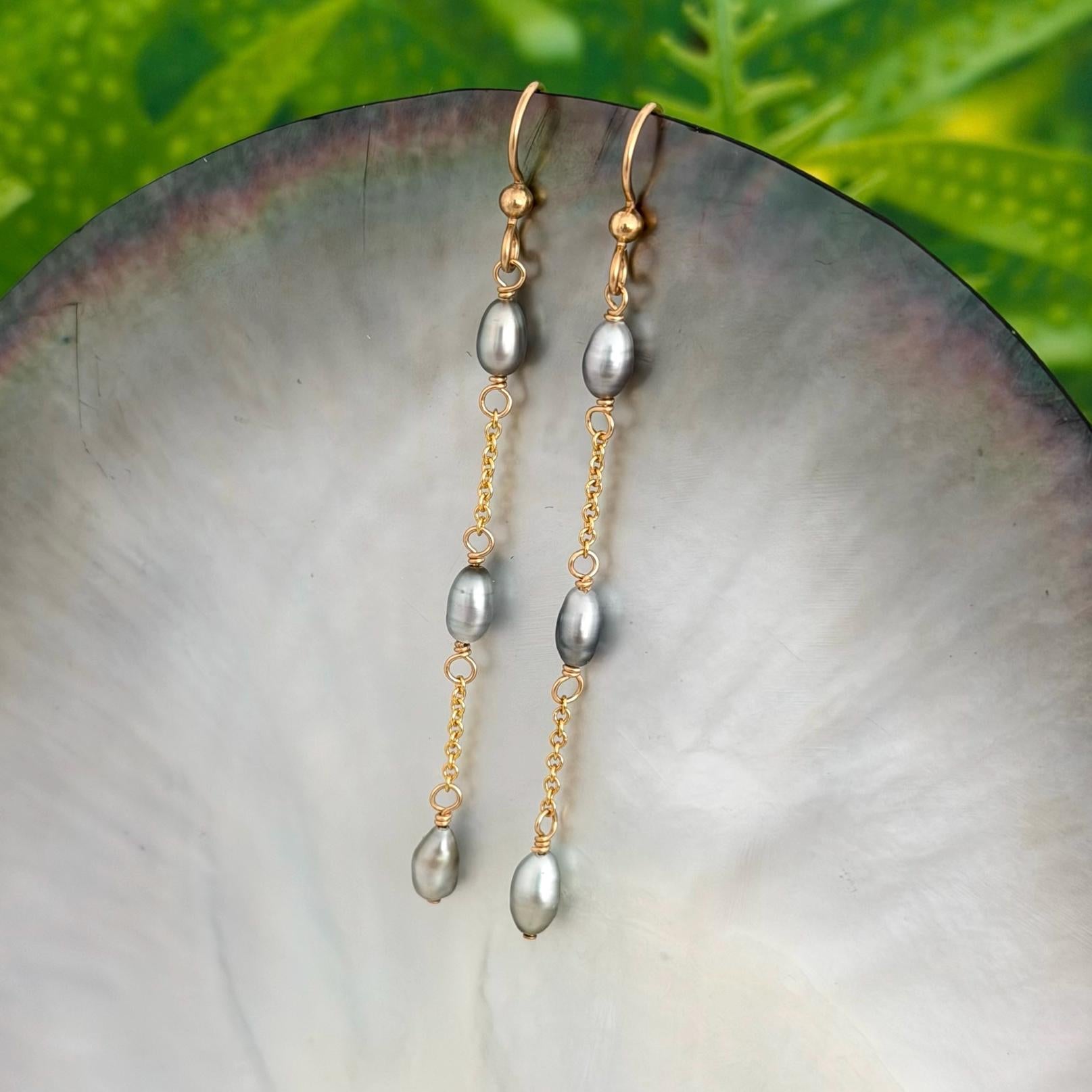 Tahitian Keshi Pearl Earrings • Dangle Gold filled chain