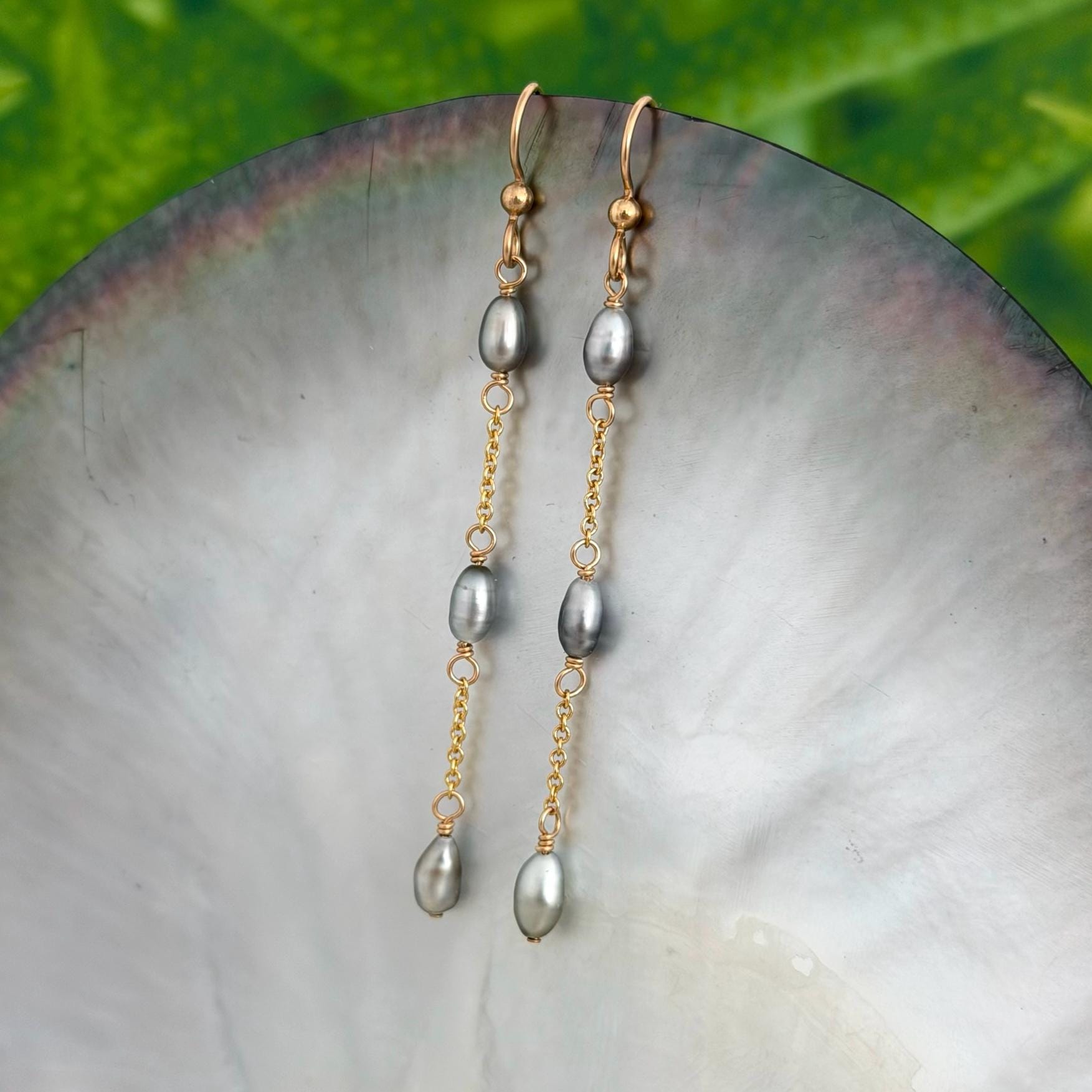 Tahitian Keshi Pearl Earrings • Dangle Gold filled chain