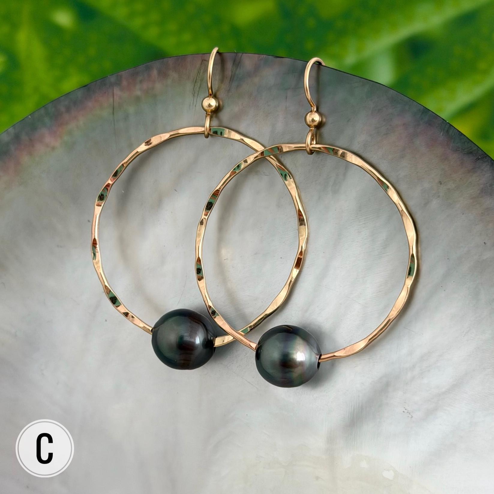 Tahitian pearl hoops earrings • Hawaiian jewelry • Hammered Gold filled