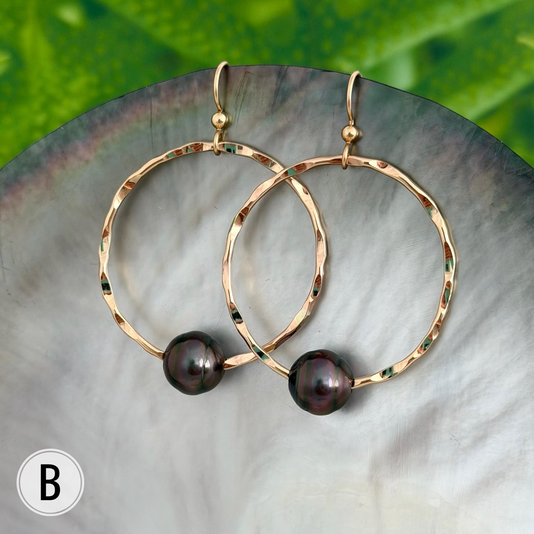 Tahitian pearl hoops earrings • Hawaiian jewelry • Hammered Gold filled