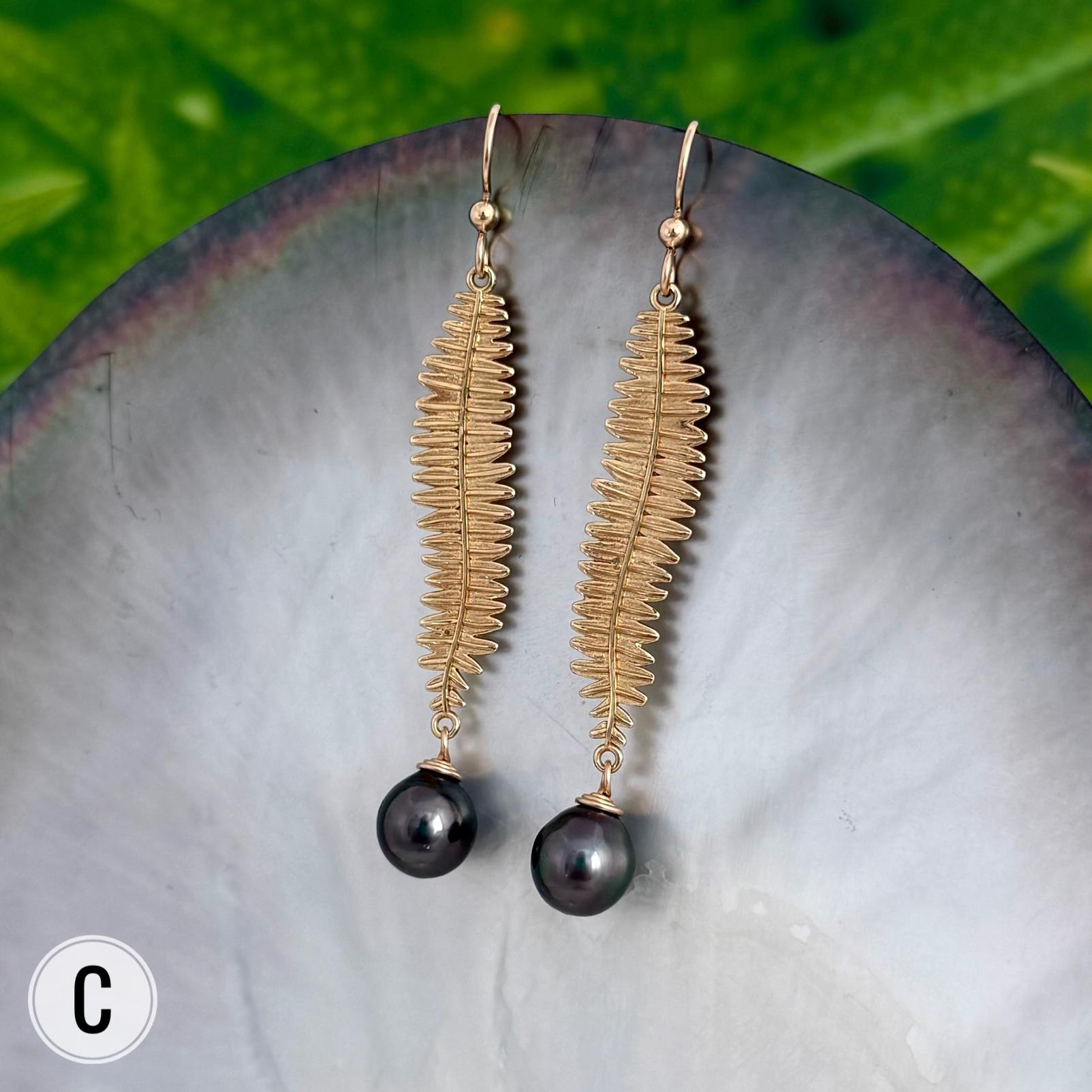 Kupukupu Dangle Earrings • Tahitian black pearl jewelry • Hawaiian inspired Fern