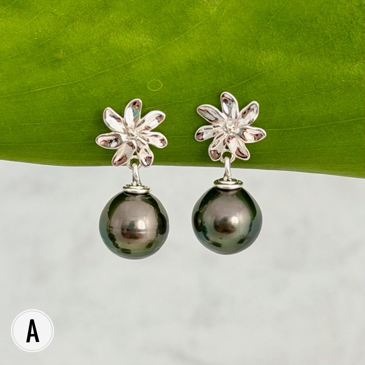 Tahitian pearl earrings — Gardenia Tiare flower • Sterling silver jewelry