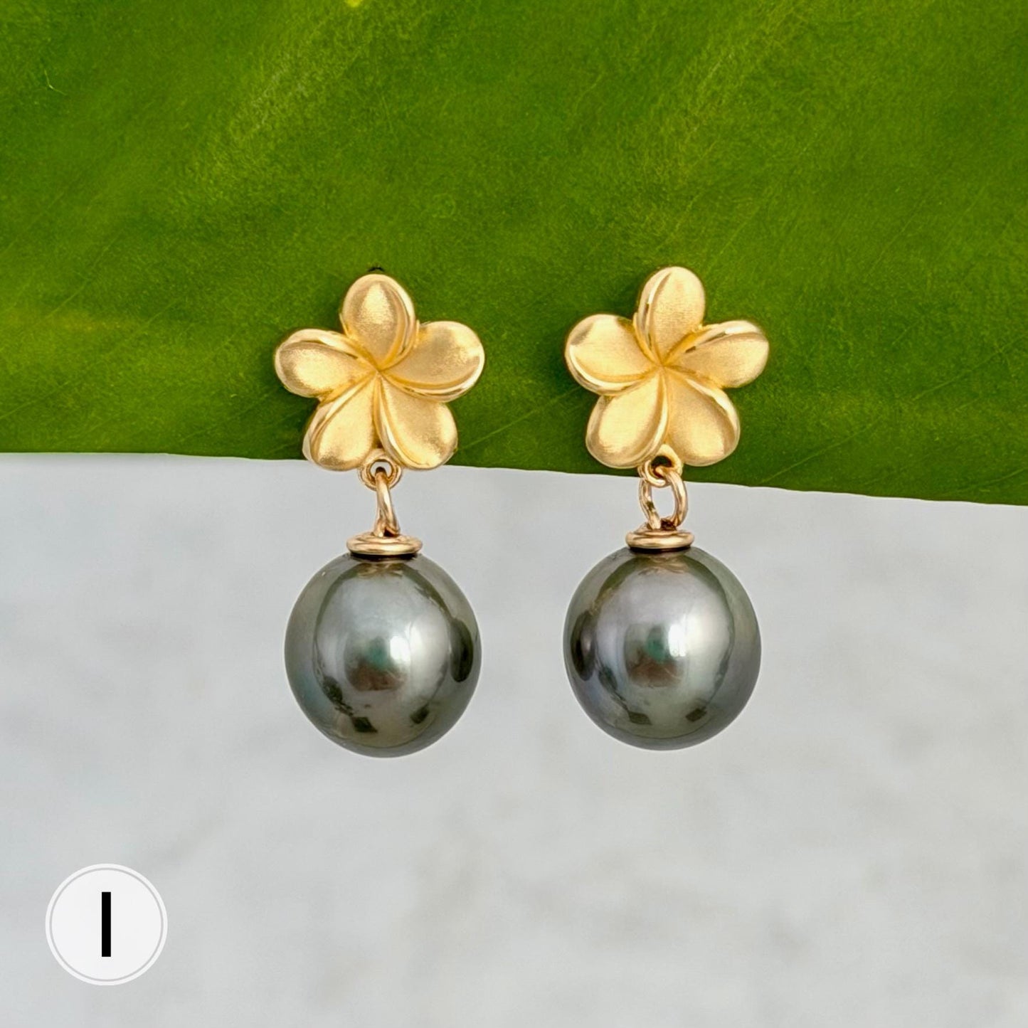 Tahitianl Black Pearl Earrings • PLUMERIA Stud jewelry • Gold