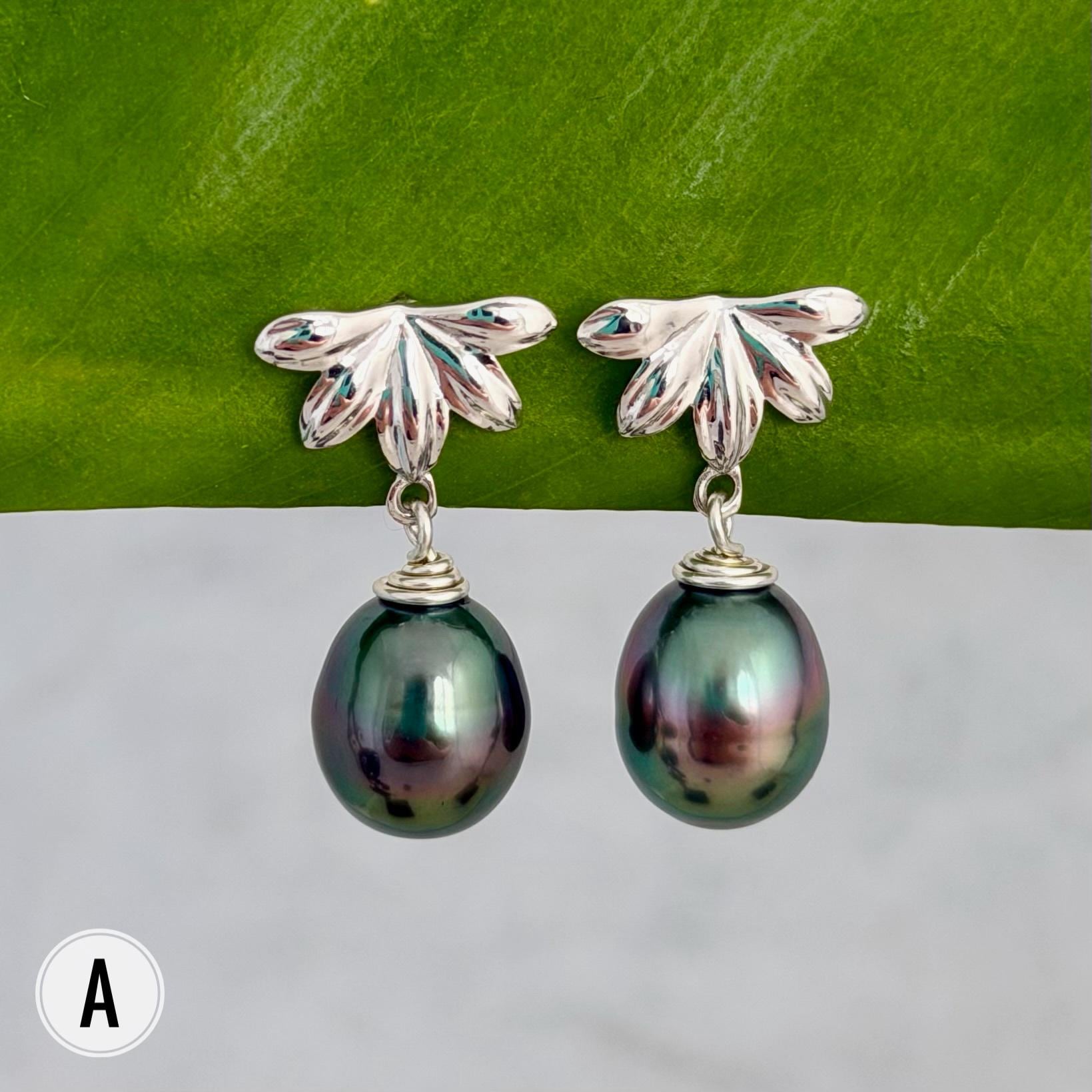 Naupaka Stud Earrings • Tahitian Pearl Drop Earrings • Hawaiian Jewelry in Sterling Silver