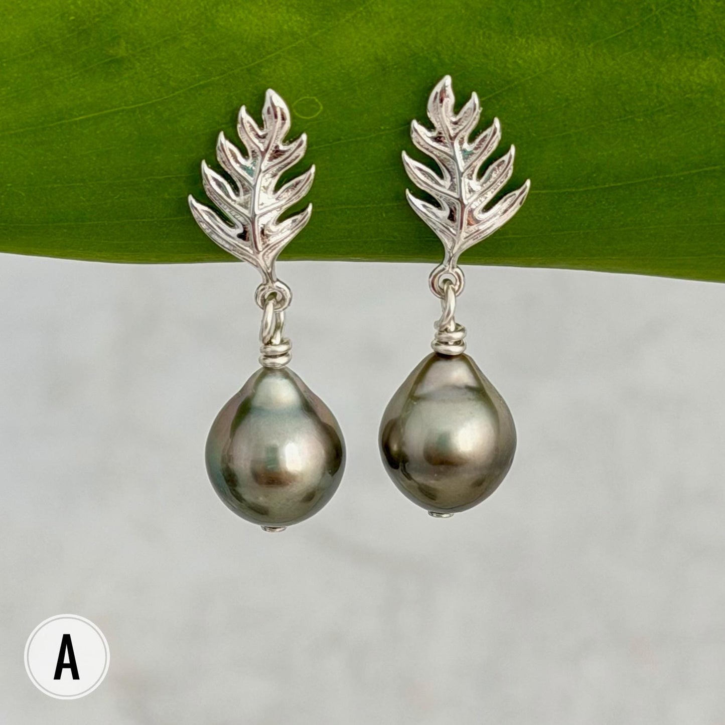 Ulu Leaf and Tahitian Pearl Stud Earrings — Sterling Silver jewelry