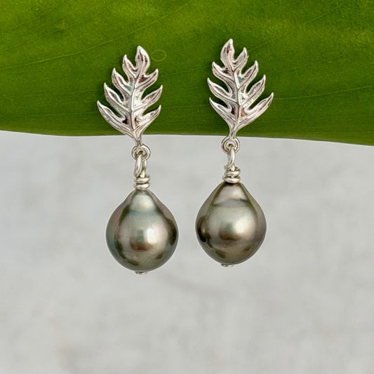 Ulu Leaf and Tahitian Pearl Stud Earrings — Sterling Silver jewelry