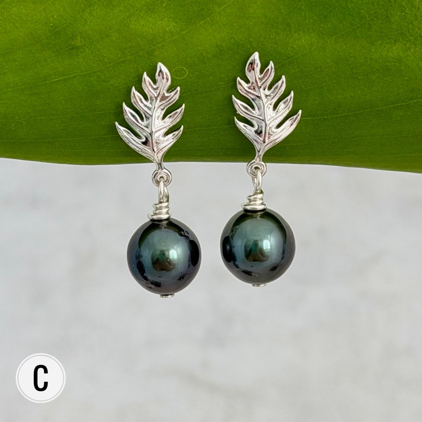 Ulu Leaf and Tahitian Pearl Stud Earrings — Sterling Silver jewelry