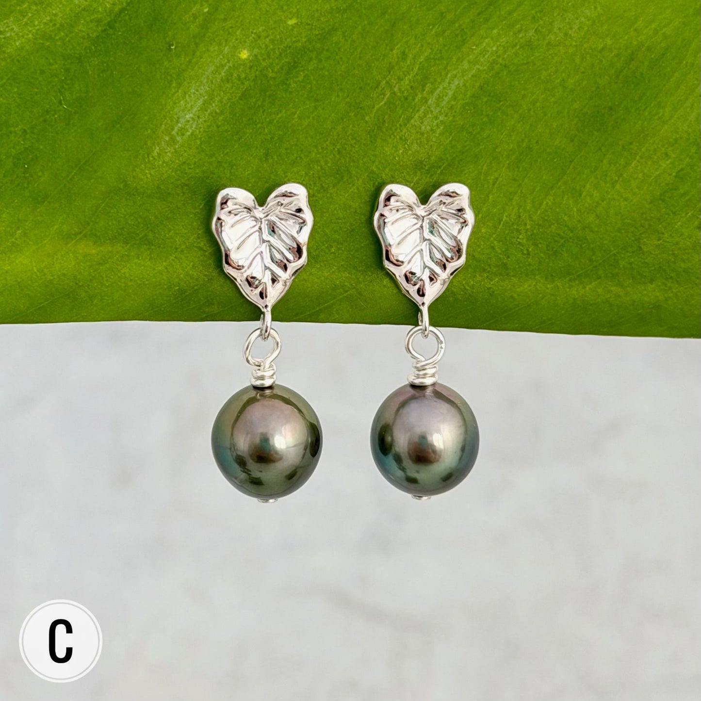 Tahitian pearl earrings — Kalo stud jewelry • Tropical Leaf design • Sterling silver