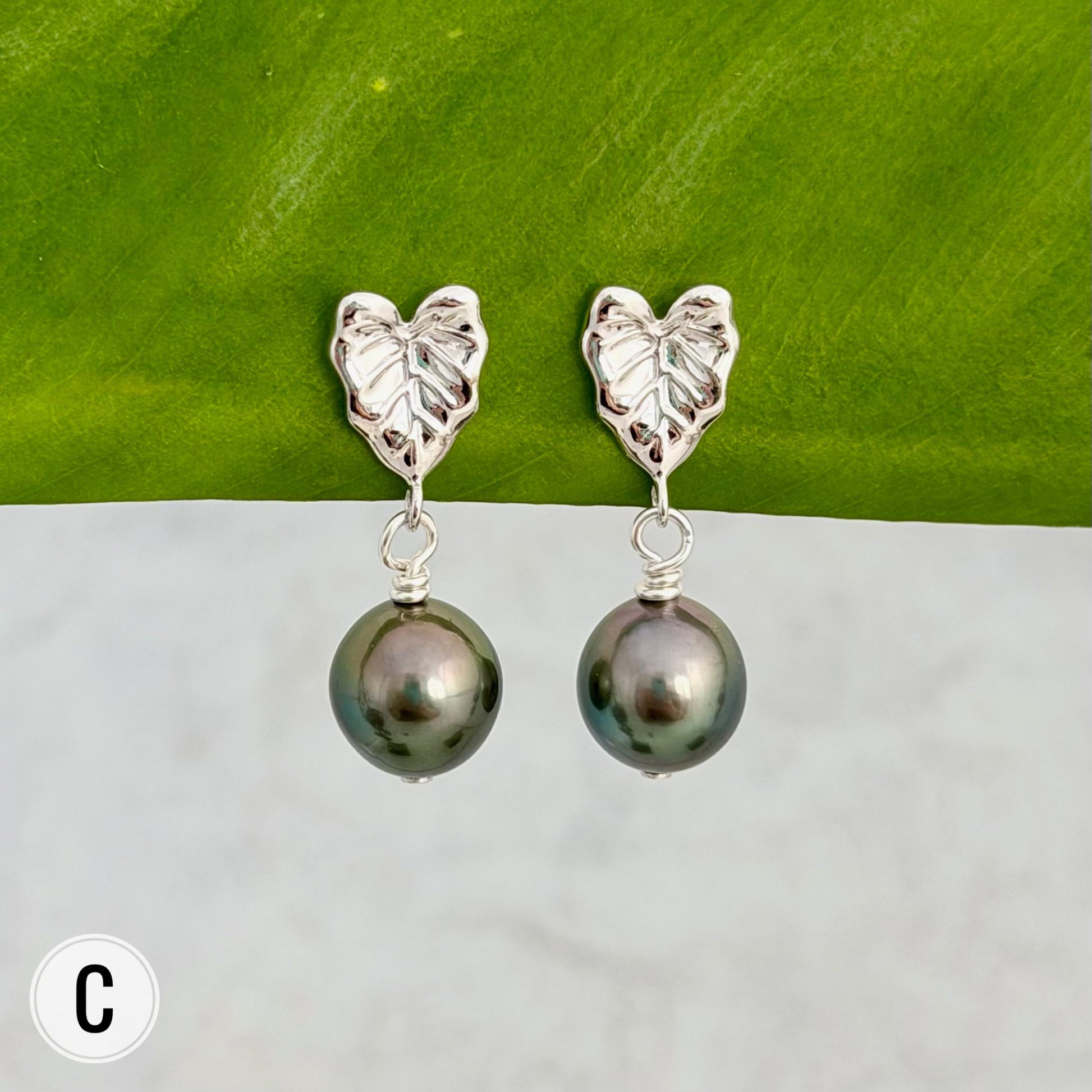Tahitian pearl earrings — Kalo stud jewelry • Tropical Leaf design • Sterling silver