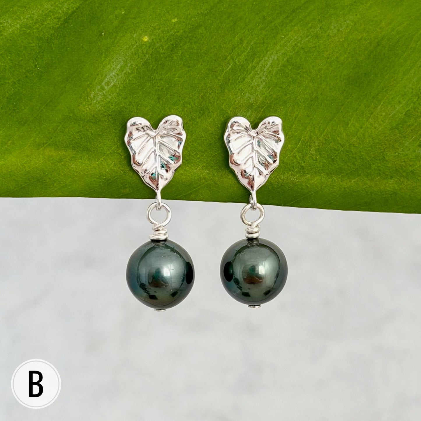 Tahitian pearl earrings — Kalo stud jewelry • Tropical Leaf design • Sterling silver