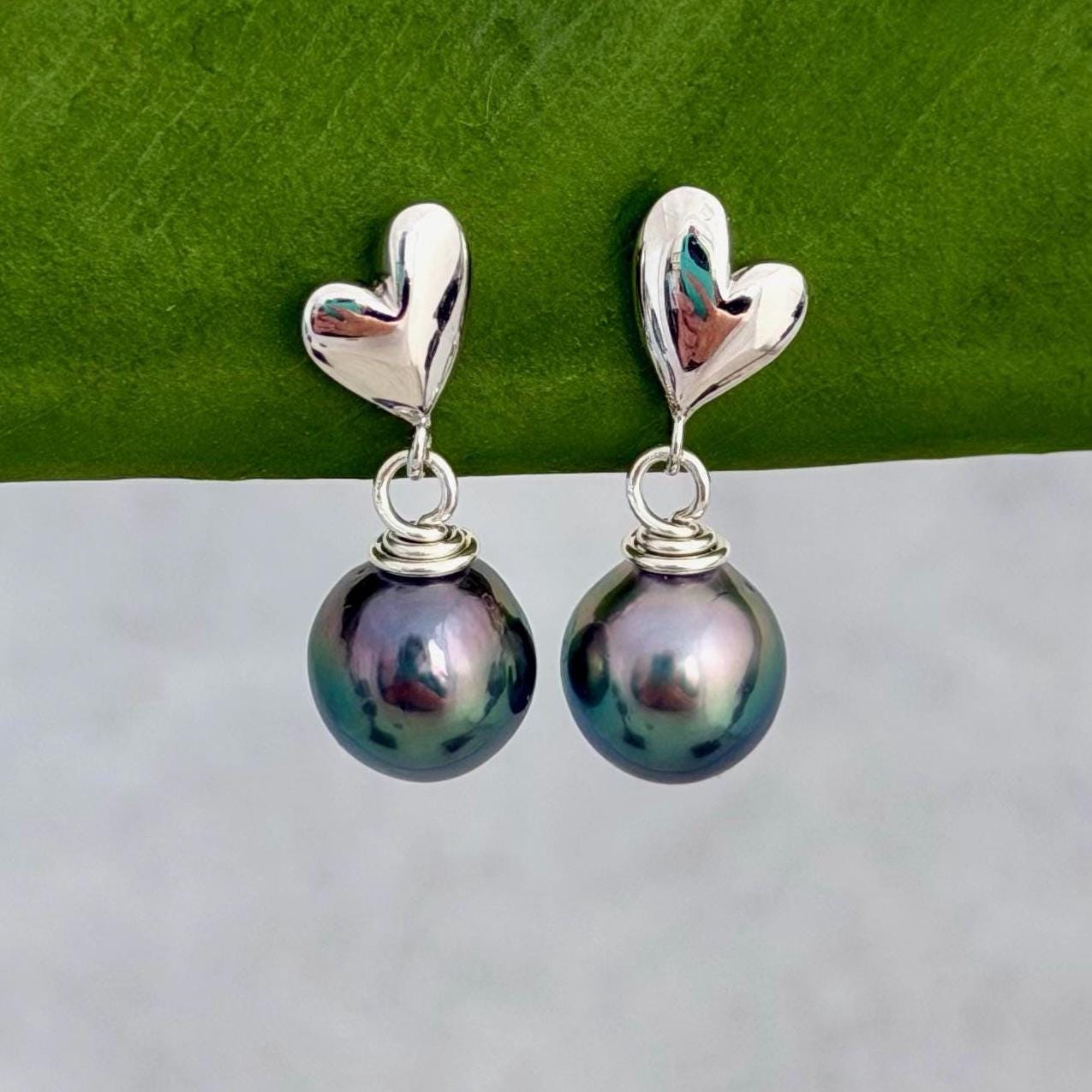 mini heart stud earrings in sterling silver with tahitian blue pearls