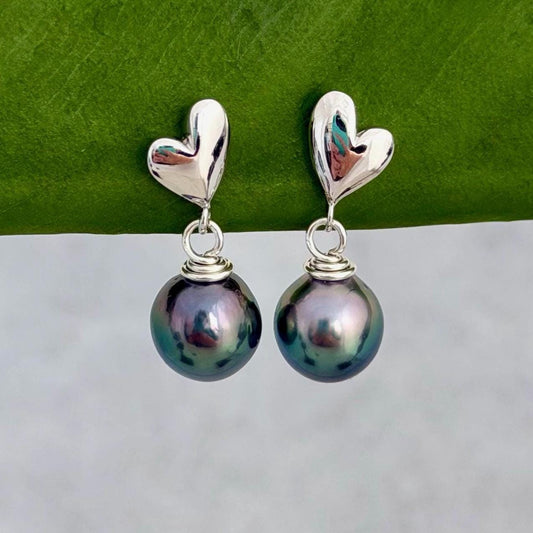 mini heart stud earrings in sterling silver with tahitian blue pearls