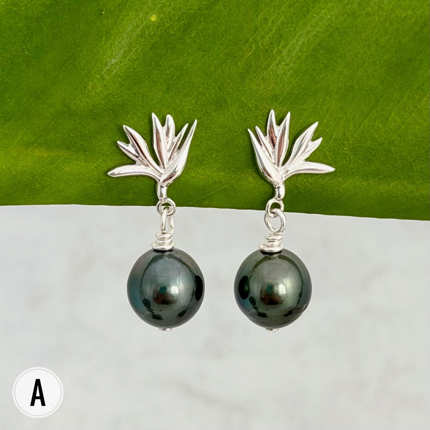 Tahitian Pearl Earrings • Bird of Paradise Studs • Hawaiian Jewelry Gift • Sterling silver