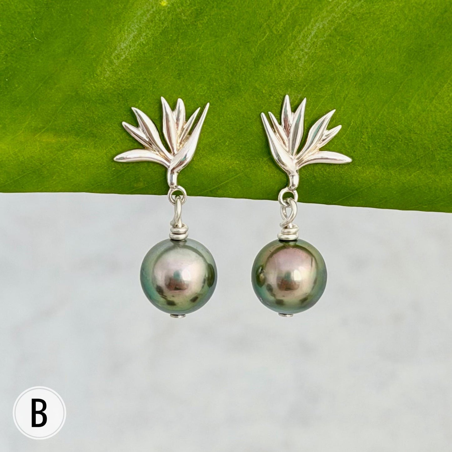 Tahitian Pearl Earrings • Bird of Paradise Studs • Hawaiian Jewelry Gift • Sterling silver