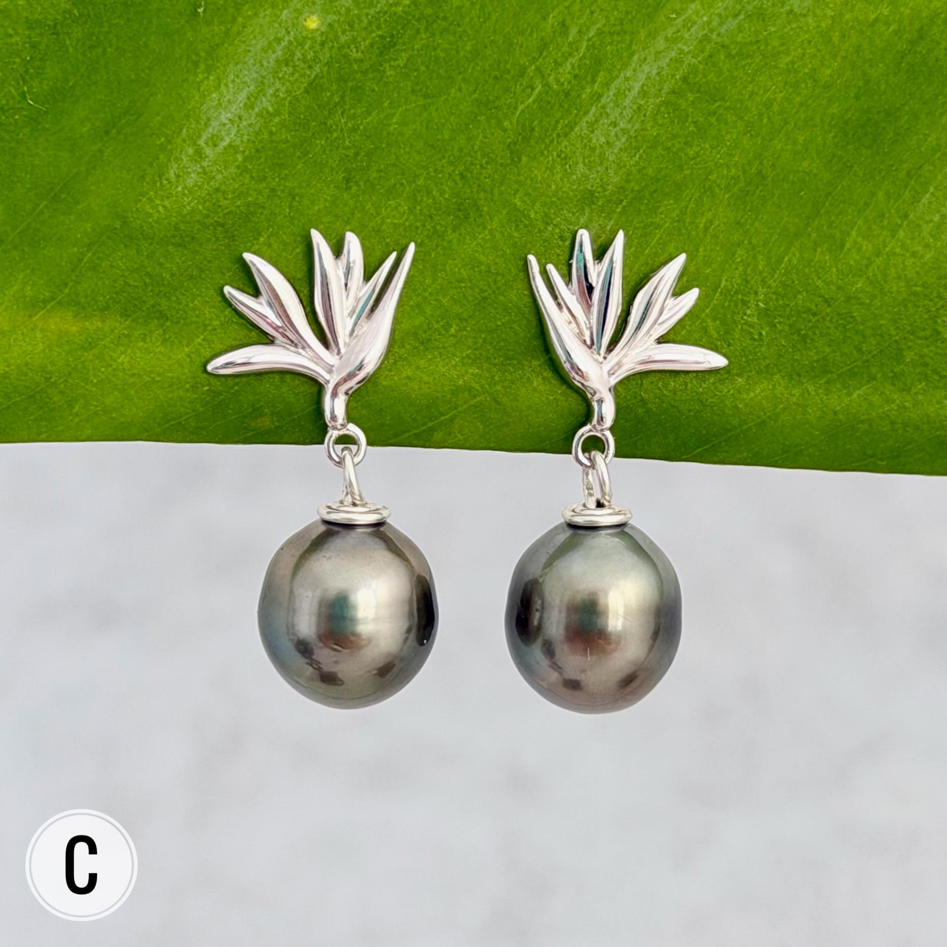 Tahitian Pearl Earrings • Bird of Paradise Studs • Hawaiian Jewelry Gift • Sterling silver
