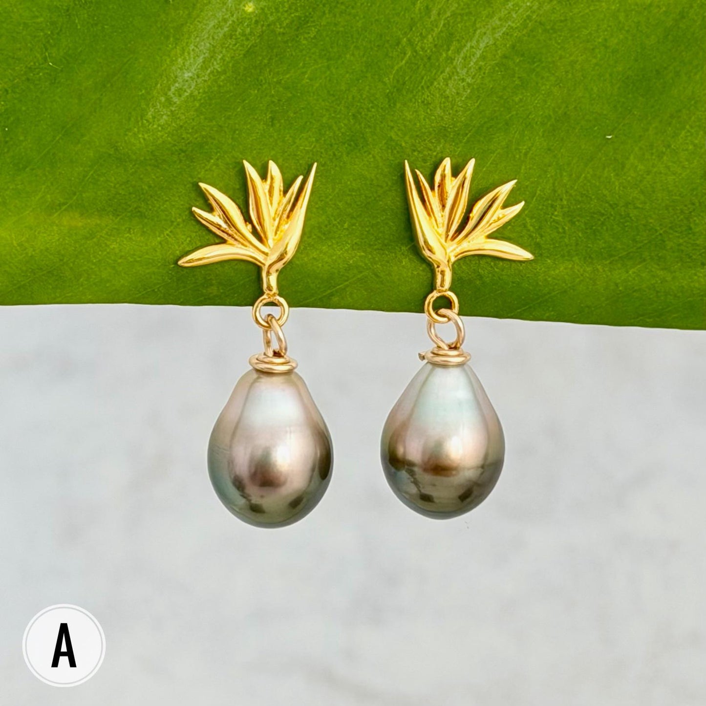 Tahitian Pearl Earrings • Gold Bird of Paradise Studs • Hawaiian Jewelry Gift