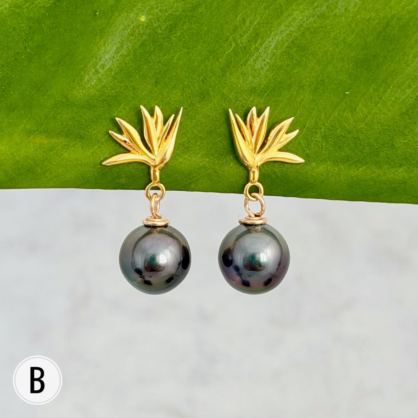 Tahitian Pearl Earrings • Gold Bird of Paradise Studs • Hawaiian Jewelry Gift