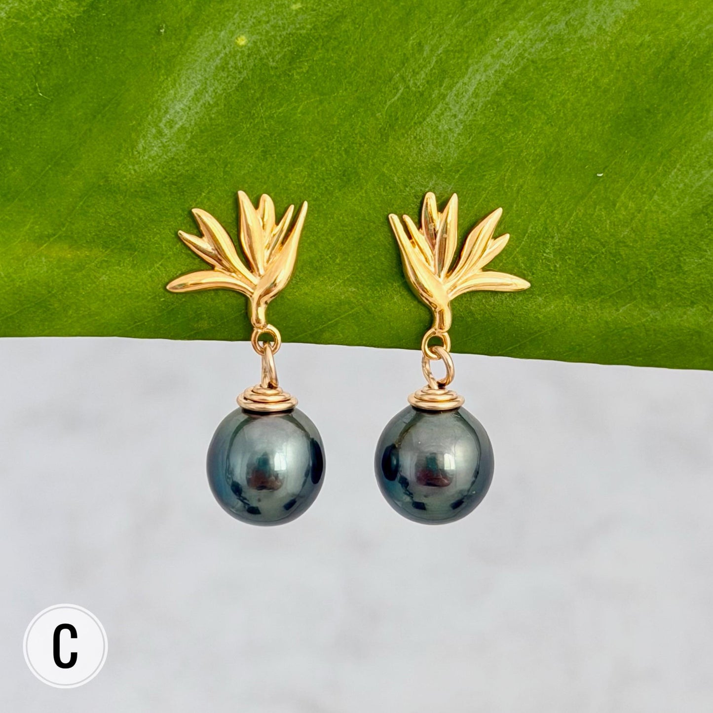 Tahitian Pearl Earrings • Gold Bird of Paradise Studs • Hawaiian Jewelry Gift