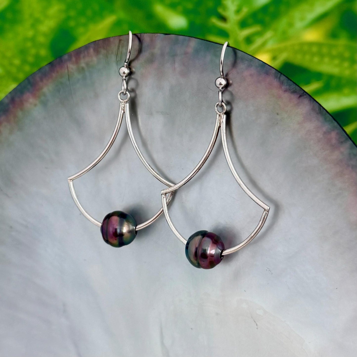 DOORBUSTER Tahitian black pearl Fan earrings • Dangle sterling silver jewelry
