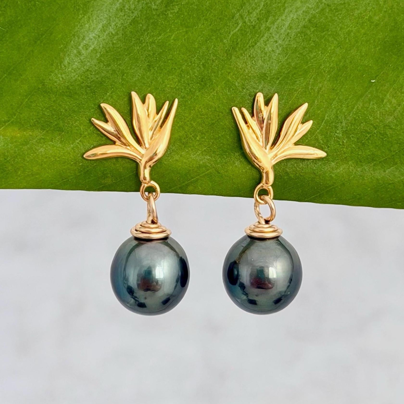 bird of paradise stud earrings in gold vermeil with tahitian black pearl