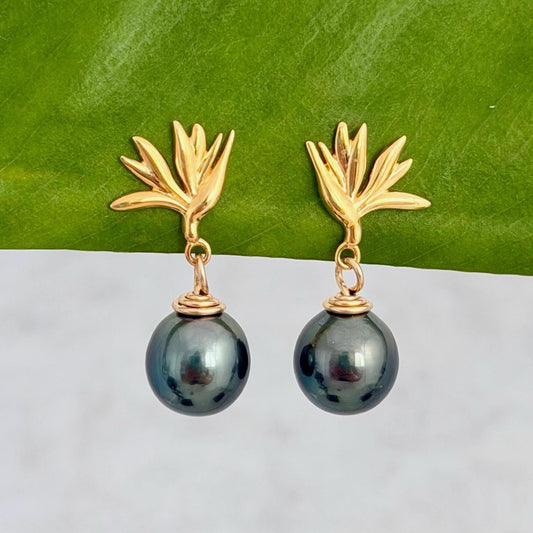 bird of paradise stud earrings in gold vermeil with tahitian black pearl