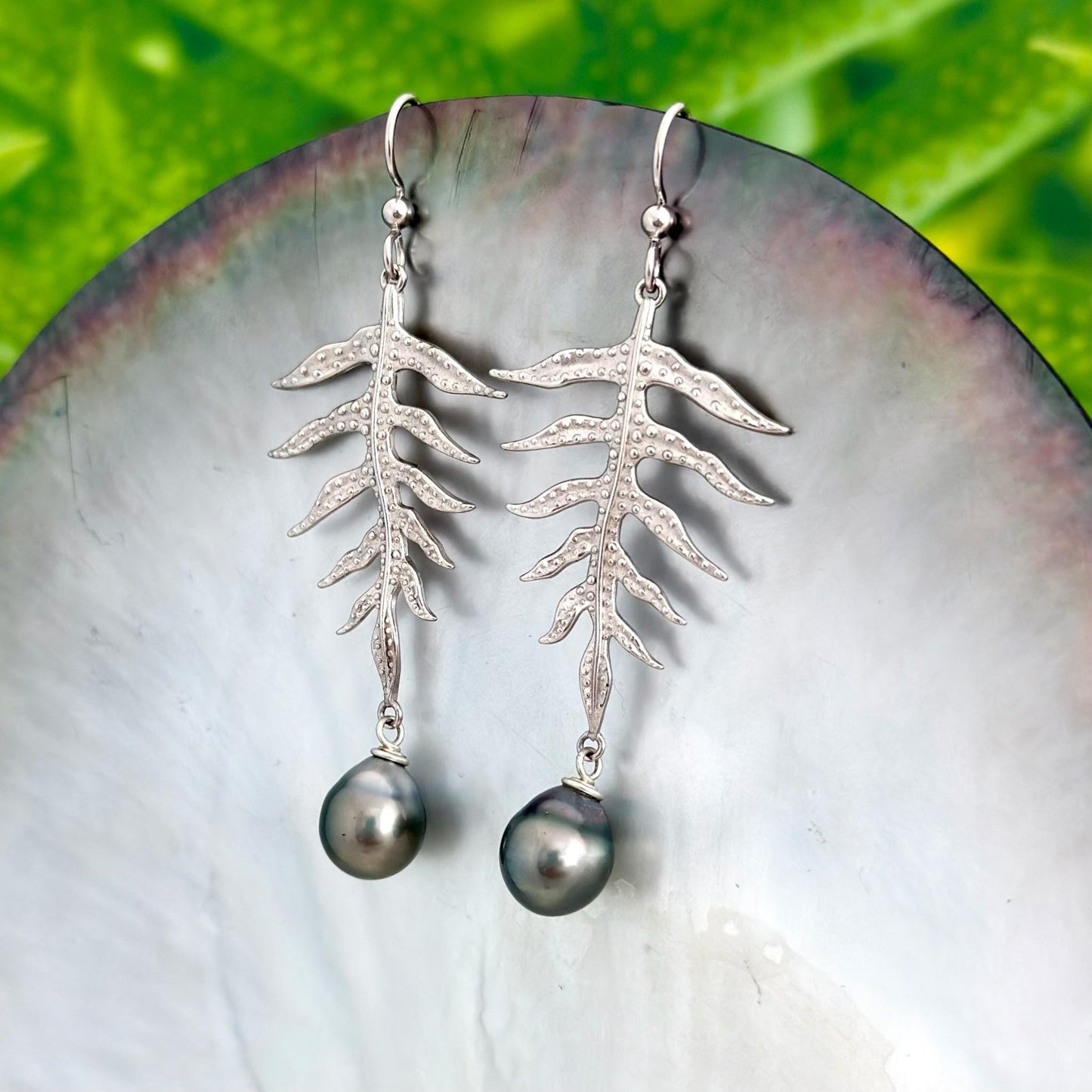 Laua’e Dangle Earrings • Tahitian pearl jewelry • Sterling silver